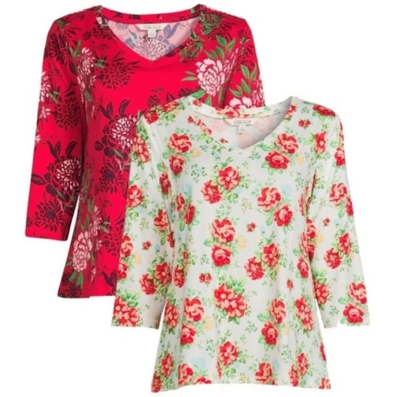 The Pioneer Women 2-pack White & Burgundy Floral V-Neck 3/4 Sleeve Tees XL EUC - Picture 1 of 8
